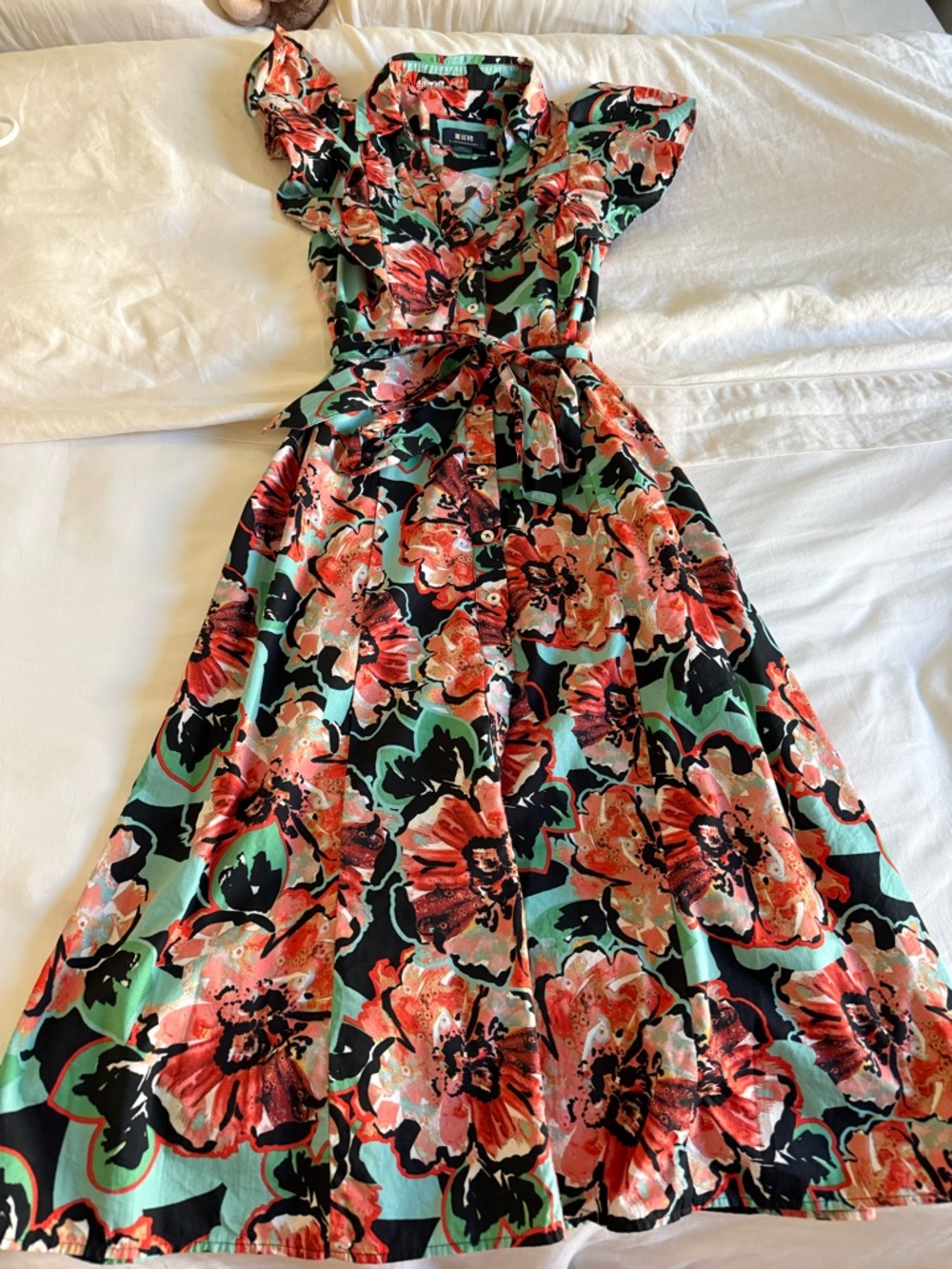 Anthropologie Maeve Coral, Mint & Black Printed Top
